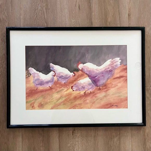 Vtg Original‎ Framed Watercolor Painting Farm Hens Chicken Signed By L M Coffey